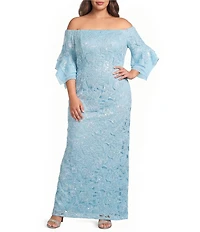 Adrianna Papell Plus Size Sequin Lace Off-The-Shoulder Neck 3/4 Flutter Sleeve Column Gown