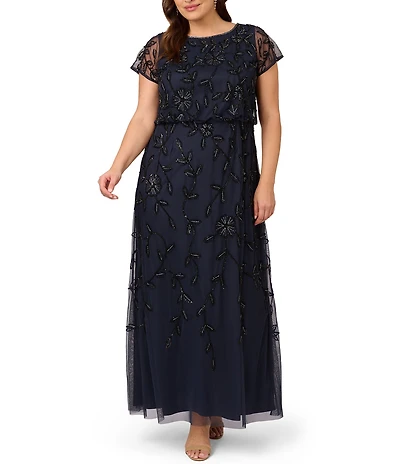 Adrianna Papell Plus Size Short Sleeve Boat Neck Beaded Blouson Gown