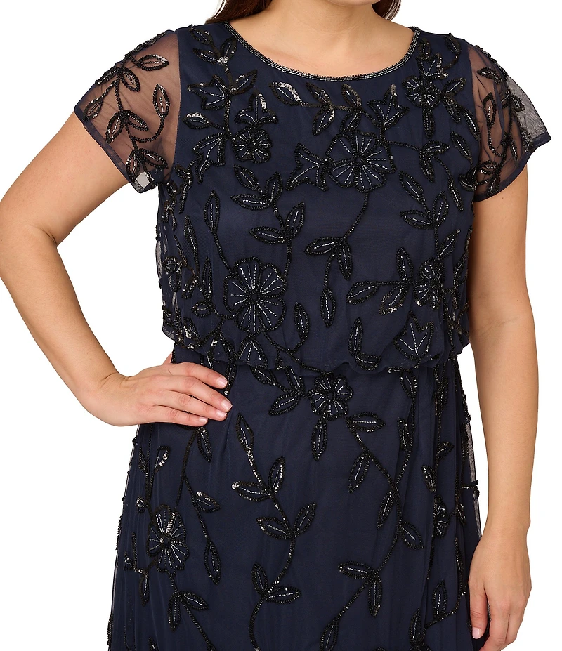 Adrianna Papell Plus Size Short Sleeve Boat Neck Beaded Blouson Gown