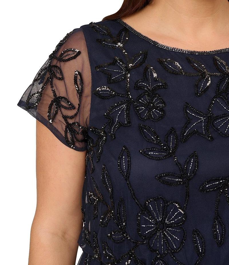 Adrianna Papell Plus Size Short Sleeve Boat Neck Beaded Blouson Gown