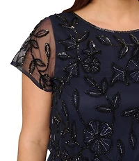 Adrianna Papell Plus Size Short Sleeve Boat Neck Beaded Blouson Gown