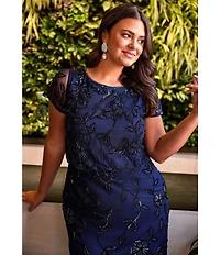 Adrianna Papell Plus Size Short Sleeve Boat Neck Beaded Blouson Gown