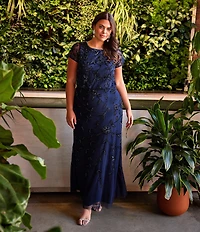 Adrianna Papell Plus Size Short Sleeve Boat Neck Beaded Blouson Gown