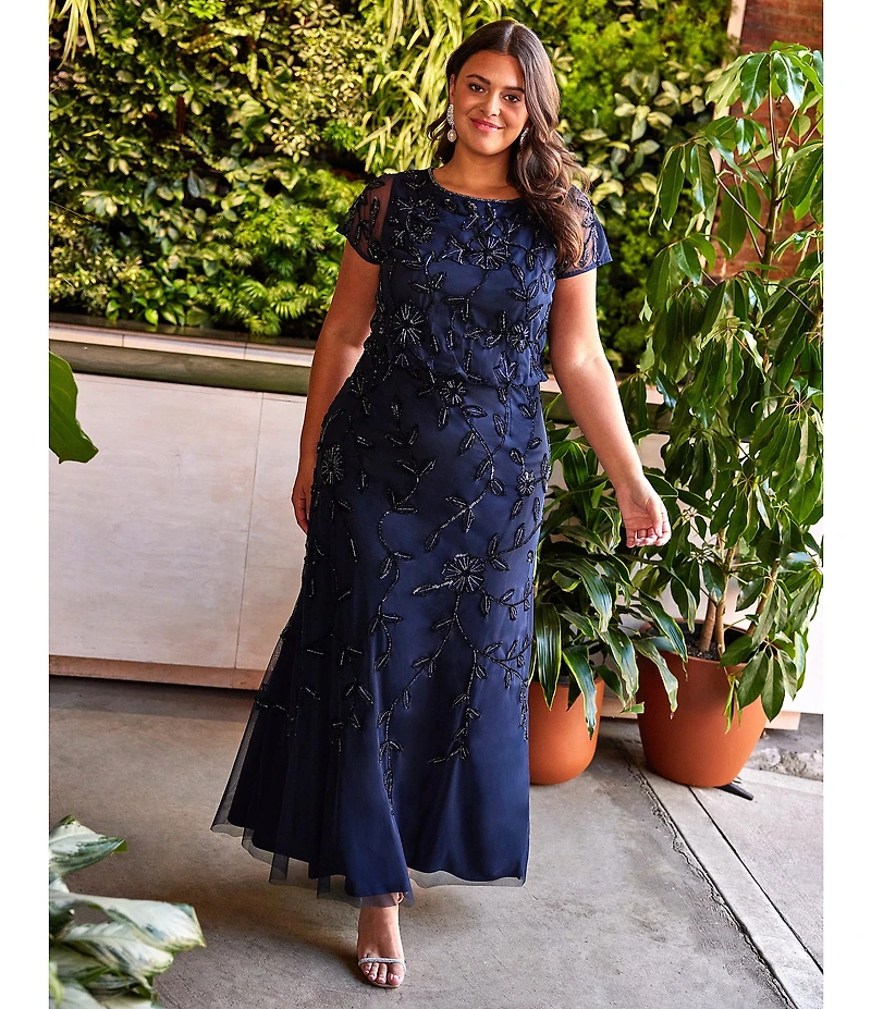 Adrianna Papell Plus Size Short Sleeve Boat Neck Beaded Blouson Gown