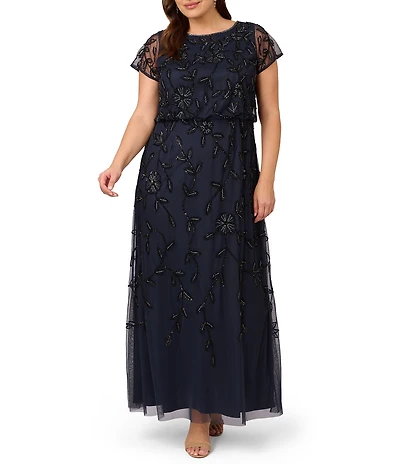 Adrianna Papell Plus Size Short Sleeve Boat Neck Beaded Blouson Gown
