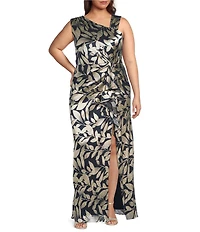 Adrianna Papell Plus Size Sleeveless Asymmetrical Neck Foil Leaf Gown