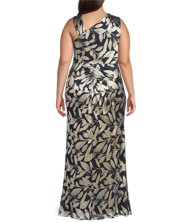 Adrianna Papell Plus Size Sleeveless Asymmetrical Neck Foil Leaf Gown