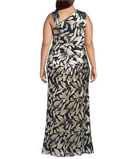 Adrianna Papell Plus Size Sleeveless Asymmetrical Neck Foil Leaf Gown