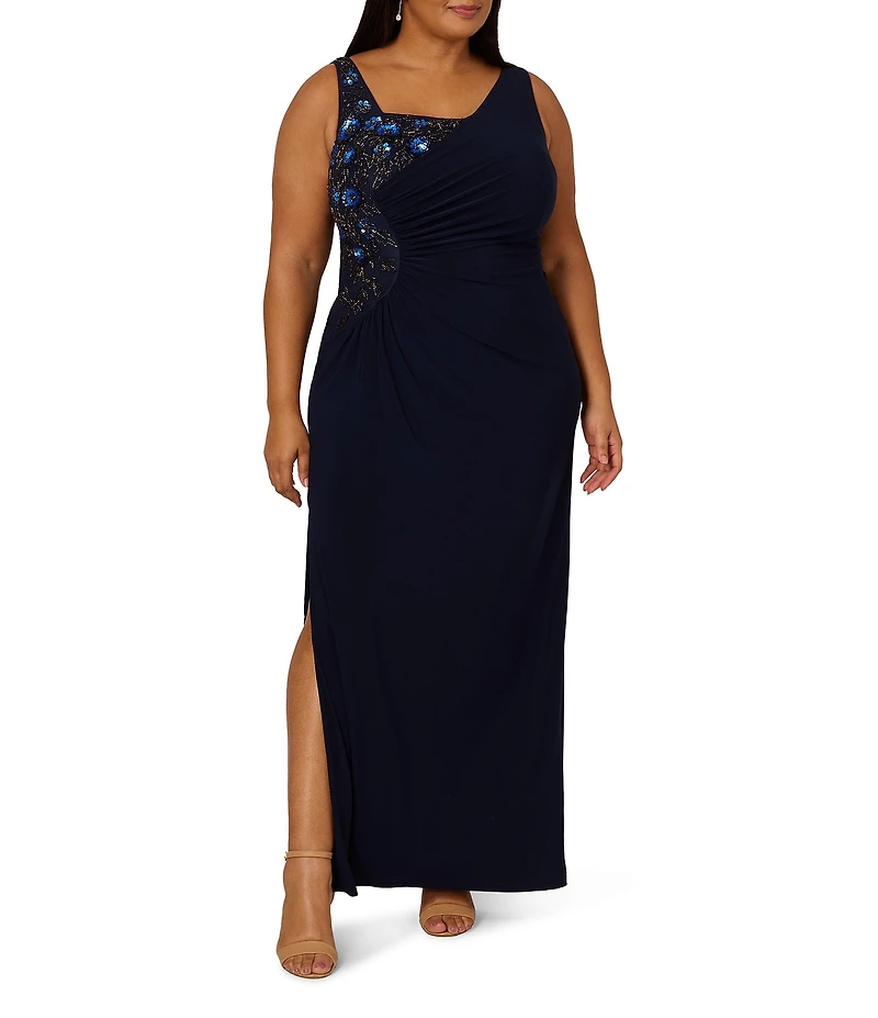 Adrianna Papell Plus Size Sleeveless Long Beaded Jersey Dress