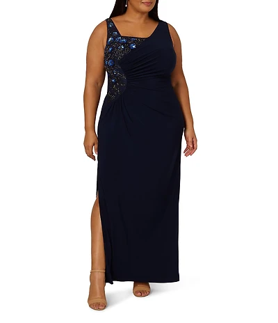 Adrianna Papell Plus Size Sleeveless Long Beaded Jersey Dress