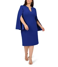 Adrianna Papell Plus Size Solid Crepe Jewel Embellished Split V-Neck Long Sleeve Sheath Dress