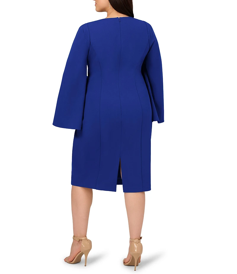 Adrianna Papell Plus Size Solid Crepe Jewel Embellished Split V-Neck Long Sleeve Sheath Dress
