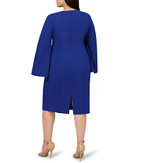 Adrianna Papell Plus Size Solid Crepe Jewel Embellished Split V-Neck Long Sleeve Sheath Dress