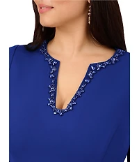 Adrianna Papell Plus Size Solid Crepe Jewel Embellished Split V-Neck Long Sleeve Sheath Dress