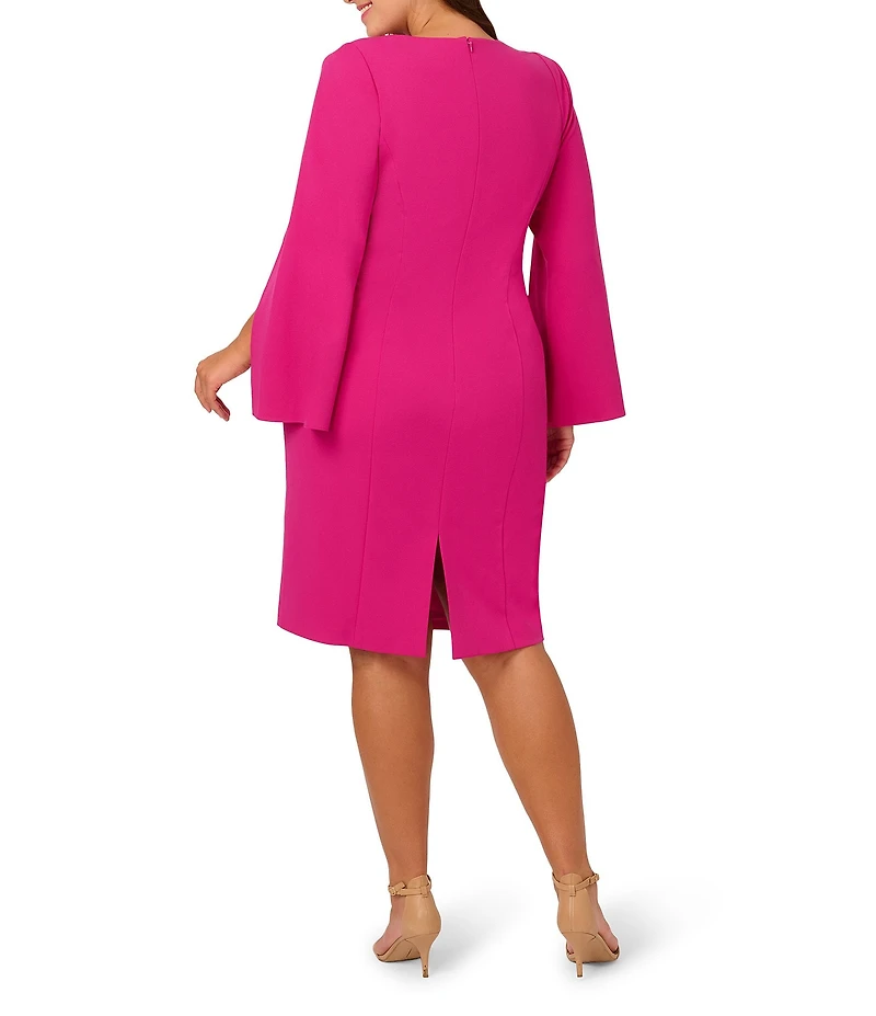 Adrianna Papell Plus Size Solid Crepe Jewel Embellished Split V-Neck Long Sleeve Sheath Dress
