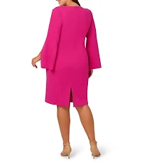 Adrianna Papell Plus Size Solid Crepe Jewel Embellished Split V-Neck Long Sleeve Sheath Dress