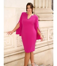 Adrianna Papell Plus Size Solid Crepe Jewel Embellished Split V-Neck Long Sleeve Sheath Dress