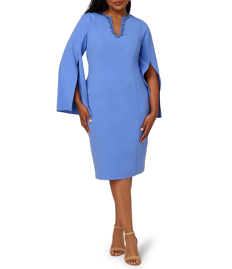 Adrianna Papell Plus Size Solid Crepe Jewel Embellished Split V-Neck Long Sleeve Sheath Dress