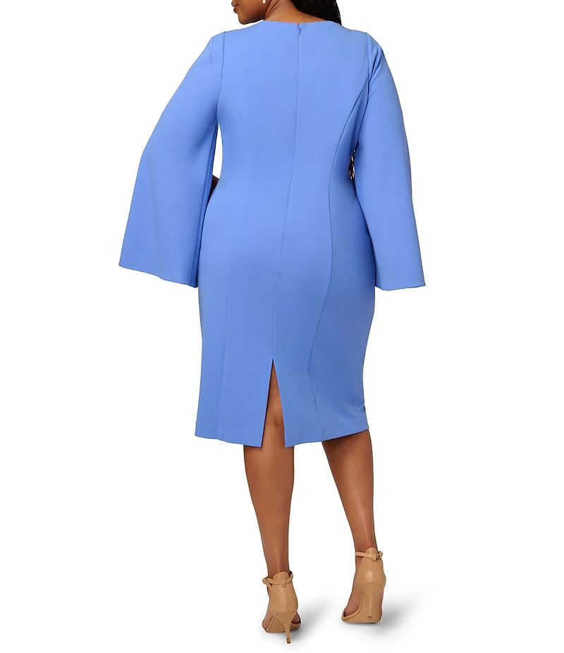 Adrianna Papell Plus Size Solid Crepe Jewel Embellished Split V-Neck Long Sleeve Sheath Dress