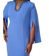 Adrianna Papell Plus Size Solid Crepe Jewel Embellished Split V-Neck Long Sleeve Sheath Dress