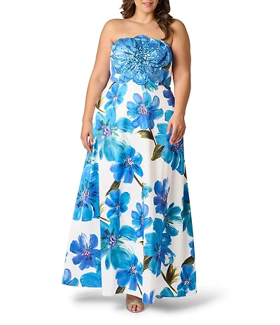 Adrianna Papell Plus Size Strapless Floral Embellished Dupioni Long Dress