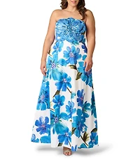Adrianna Papell Plus Size Strapless Floral Embellished Dupioni Long Dress