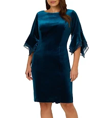 Adrianna Papell Plus Size Stretch Velvet Boat Neck 3/4 Tiered Bell Sleeve Sheath Dress