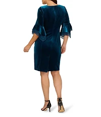 Adrianna Papell Plus Size Stretch Velvet Boat Neck 3/4 Tiered Bell Sleeve Sheath Dress