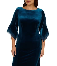 Adrianna Papell Plus Size Stretch Velvet Boat Neck 3/4 Tiered Bell Sleeve Sheath Dress