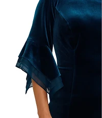 Adrianna Papell Plus Size Stretch Velvet Boat Neck 3/4 Tiered Bell Sleeve Sheath Dress