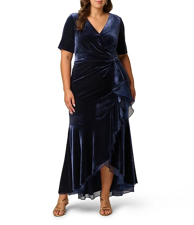 Adrianna Papell Plus Size Stretch Velvet V Neck Short Sleeve Cascading Ruffle High-Low Long Dress