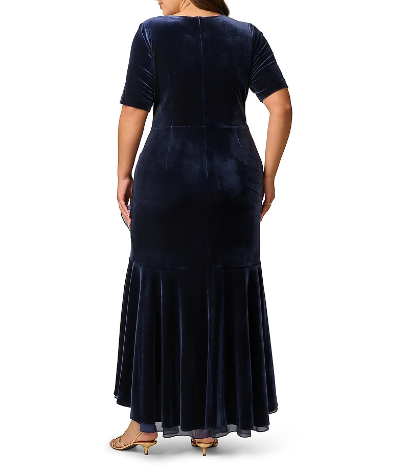 Adrianna Papell Plus Size Stretch Velvet V Neck Short Sleeve Cascading Ruffle High-Low Long Dress