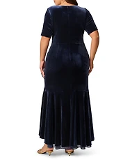 Adrianna Papell Plus Size Stretch Velvet V Neck Short Sleeve Cascading Ruffle High-Low Long Dress