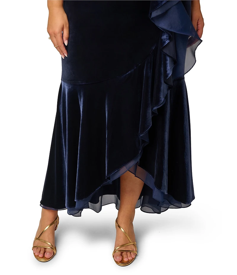 Adrianna Papell Plus Size Stretch Velvet V Neck Short Sleeve Cascading Ruffle High-Low Long Dress