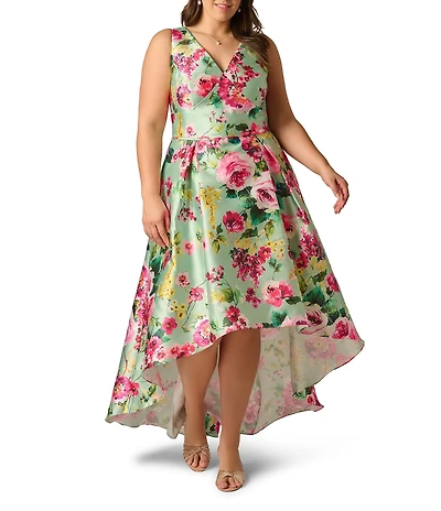 Adrianna Papell Plus Size Twill High Low Floral Print Midi Dress