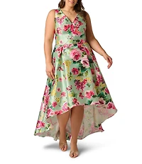 Adrianna Papell Plus Size Twill High Low Floral Print Midi Dress