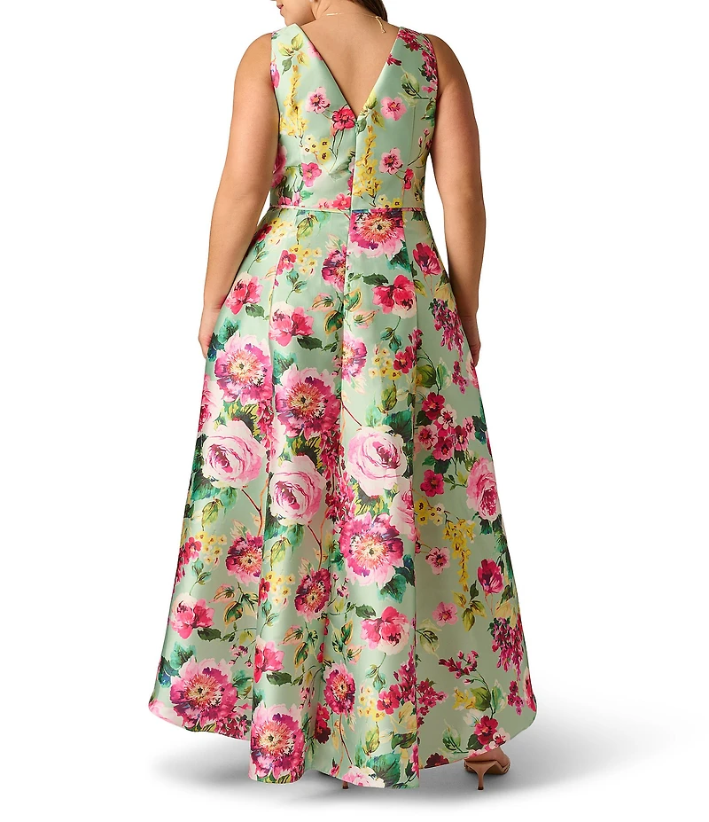 Adrianna Papell Plus Size Twill High Low Floral Print Midi Dress