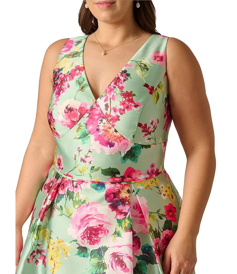 Adrianna Papell Plus Size Twill High Low Floral Print Midi Dress
