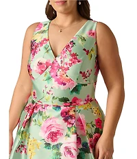 Adrianna Papell Plus Size Twill High Low Floral Print Midi Dress