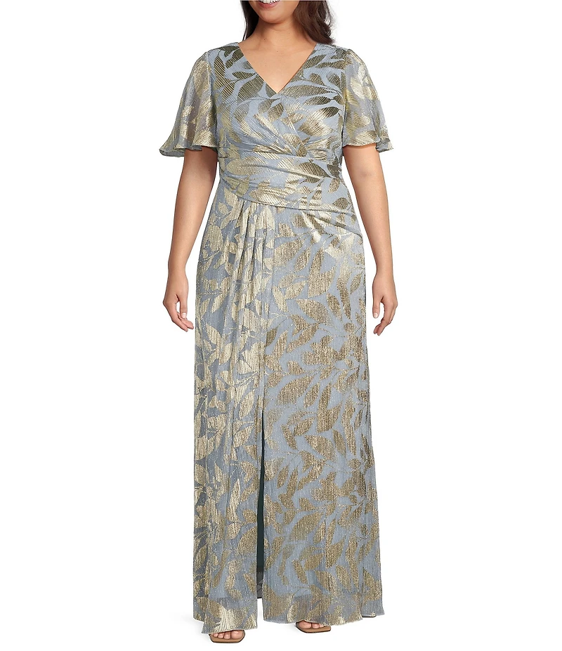 Adrianna Papell Plus Size V-Neck Flutter Sleeve Foil Leaf Printed Gown