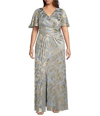 Adrianna Papell Plus Size V-Neck Flutter Sleeve Foil Leaf Printed Gown