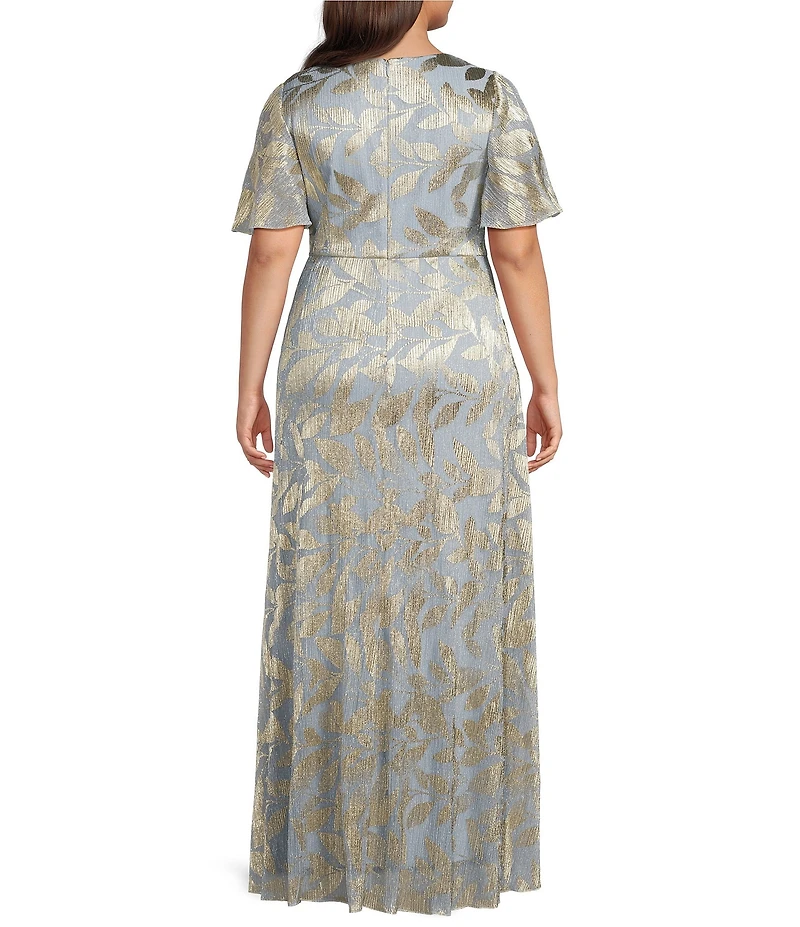 Adrianna Papell Plus Size V-Neck Flutter Sleeve Foil Leaf Printed Gown