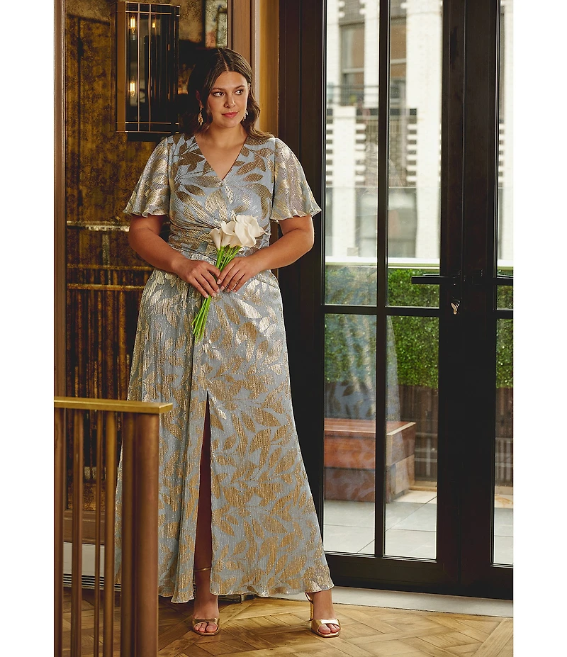 Adrianna Papell Plus Size V-Neck Flutter Sleeve Foil Leaf Printed Gown