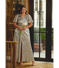 Adrianna Papell Plus Size V-Neck Flutter Sleeve Foil Leaf Printed Gown