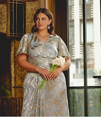 Adrianna Papell Plus Size V-Neck Flutter Sleeve Foil Leaf Printed Gown
