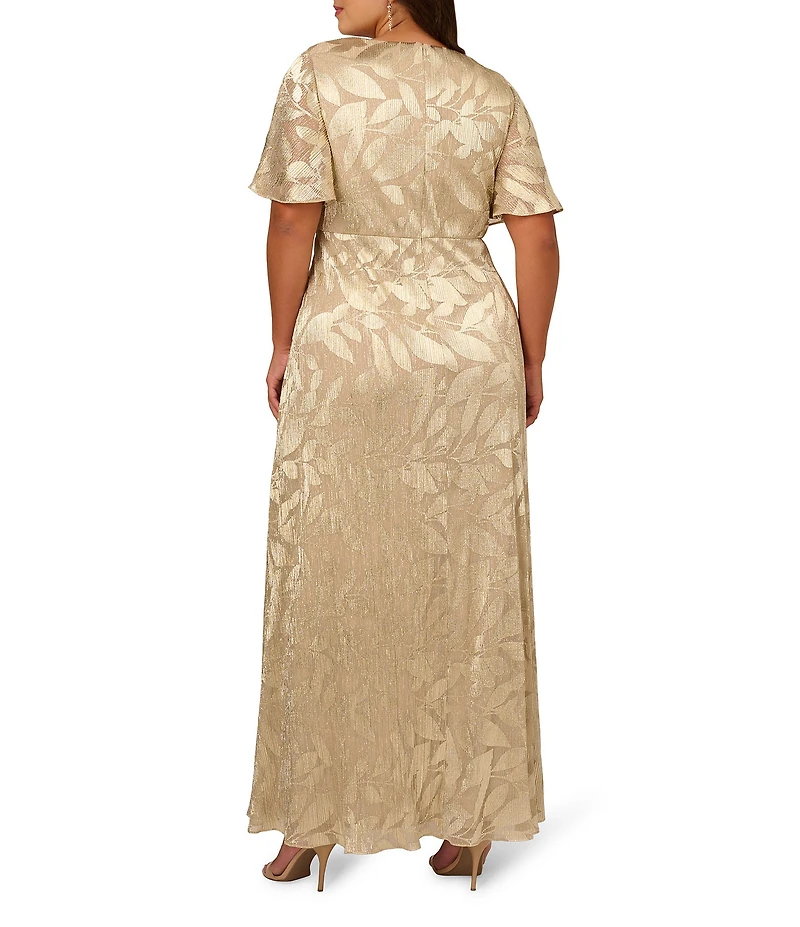 Adrianna Papell Plus Size V-Neck Flutter Sleeve Foil Leaf Printed Gown
