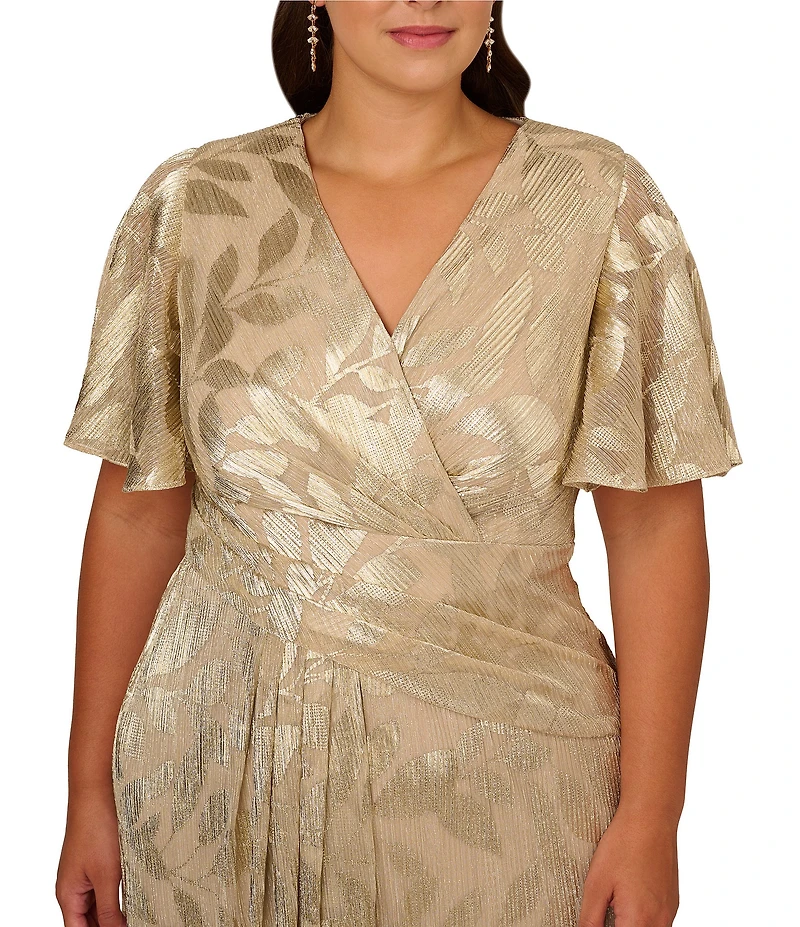 Adrianna Papell Plus Size V-Neck Flutter Sleeve Foil Leaf Printed Gown