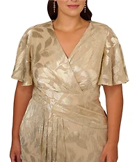 Adrianna Papell Plus Size V-Neck Flutter Sleeve Foil Leaf Printed Gown