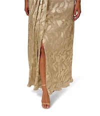 Adrianna Papell Plus Size V-Neck Flutter Sleeve Foil Leaf Printed Gown