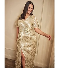 Adrianna Papell Plus Size V-Neck Flutter Sleeve Foil Leaf Printed Gown